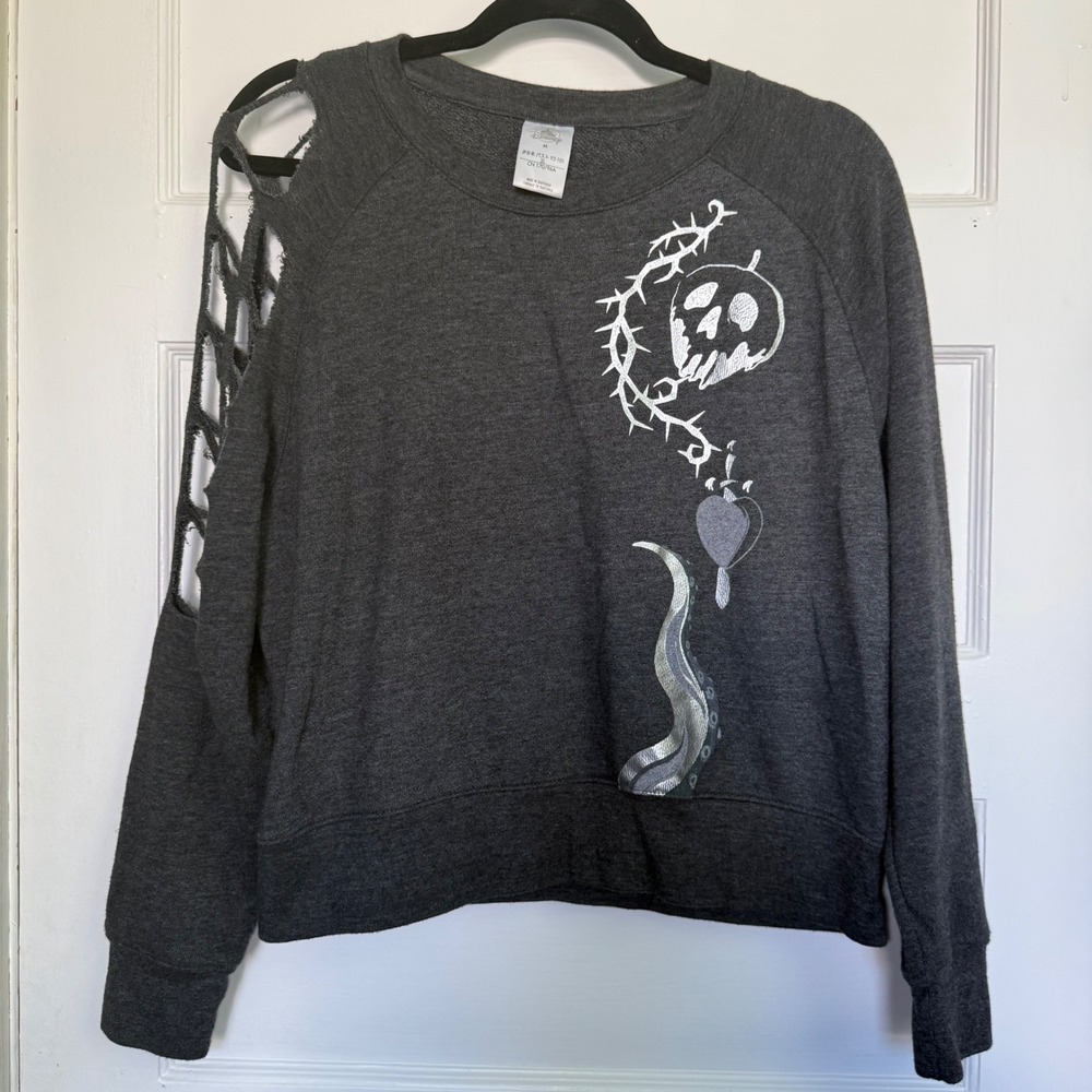 Disney Villains Distressed Lattice Sleeve Sweatshirt Gray Poison Apple Ursula M
